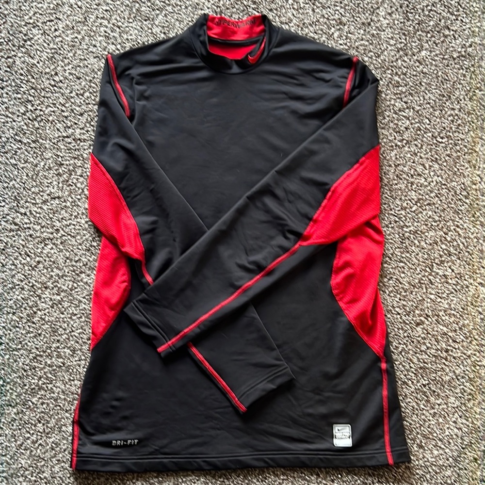 Mens Nike Pro Combat Hyperwarm Fitted Compression L/S Shirt-Size Large Black/Red